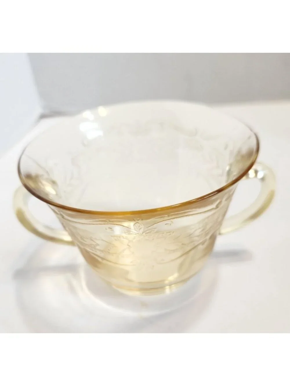 Vintage Amber Depression Glass Open Sugar Bowe With Floral Etched Design READ